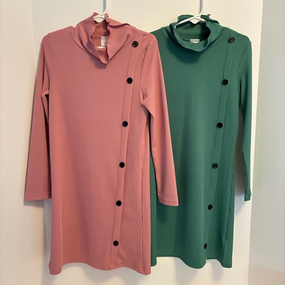 Other - Girl's Turtleneck Rib Knit Decorative Buttons Dress Pink Green Set of 2 Size 7